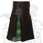 Modern Black Leather Hybrid Kilt with Tartan Pleats – Premium Scottish Utility Wear